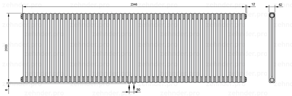 Схема (чертеж) Радиатор Zehnder Charleston 2200/51 №3470 Белый глянцевый RAL 9016